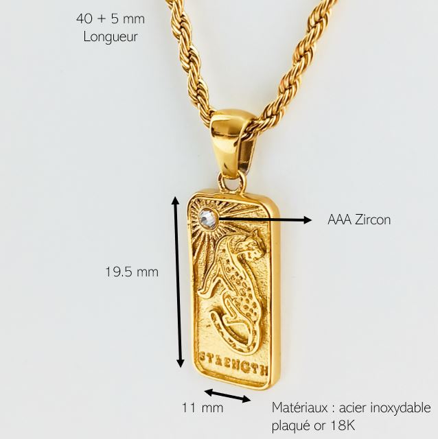 Notre collier la Force inspiré du tarot de Marseille est en acier inoxydable plaqué or