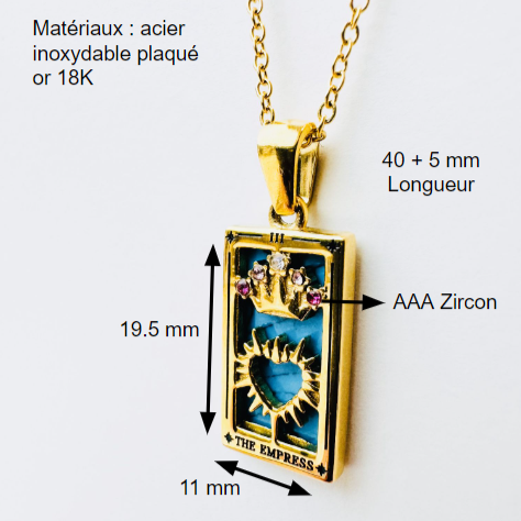 Notre collier l'Impératrice inspiré du tarot de Marseille est en acier inoxydable plaqué or